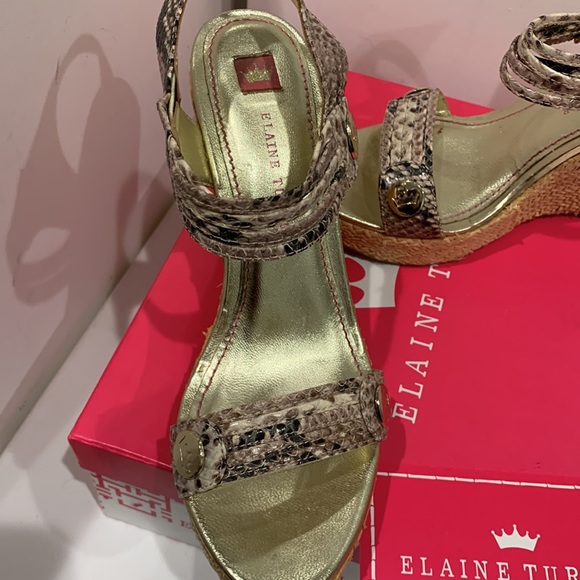 NWB 👑 Elaine Turner Kelcie Leather Raffia Wedge Platform Sandal Tan Gold Black - Picture 7 of 15